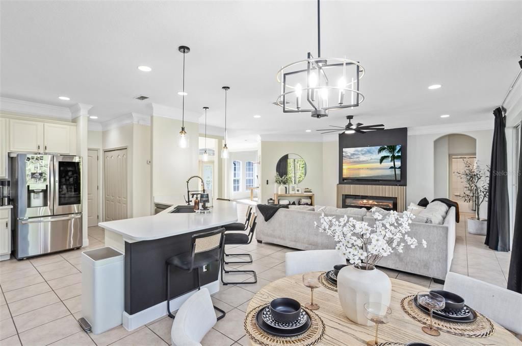 Fireplace, Interior, Kitchen, Living room, Pendant Lights, Recessed Lighting