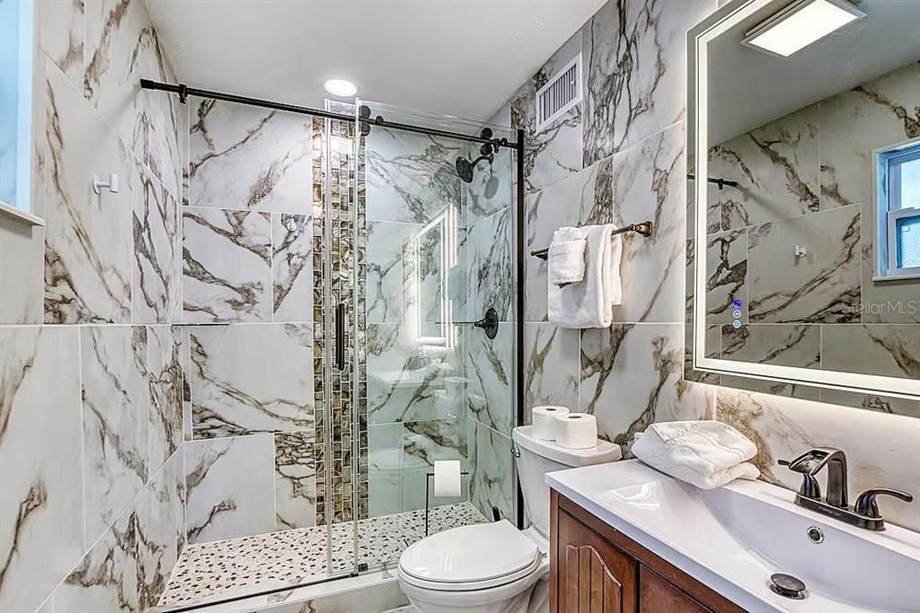 Bathroom, Glass Shower, Interior, Marble Walls, Recessed Lighting