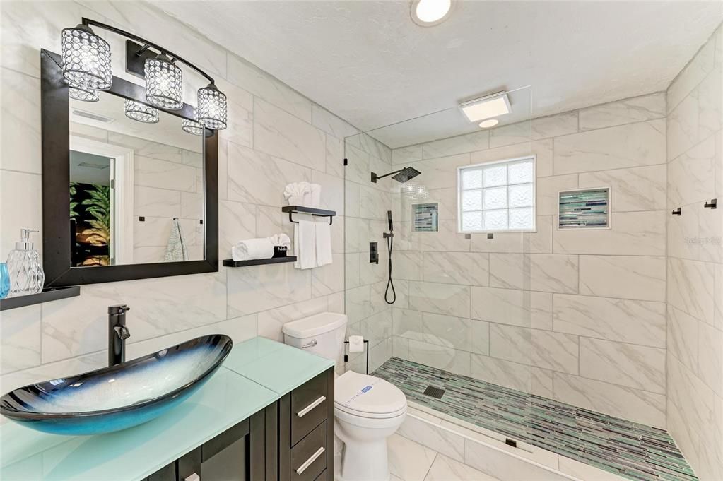 Bathroom, Glass Shower, Interior, Marble, Marble Walls, Recessed Lighting