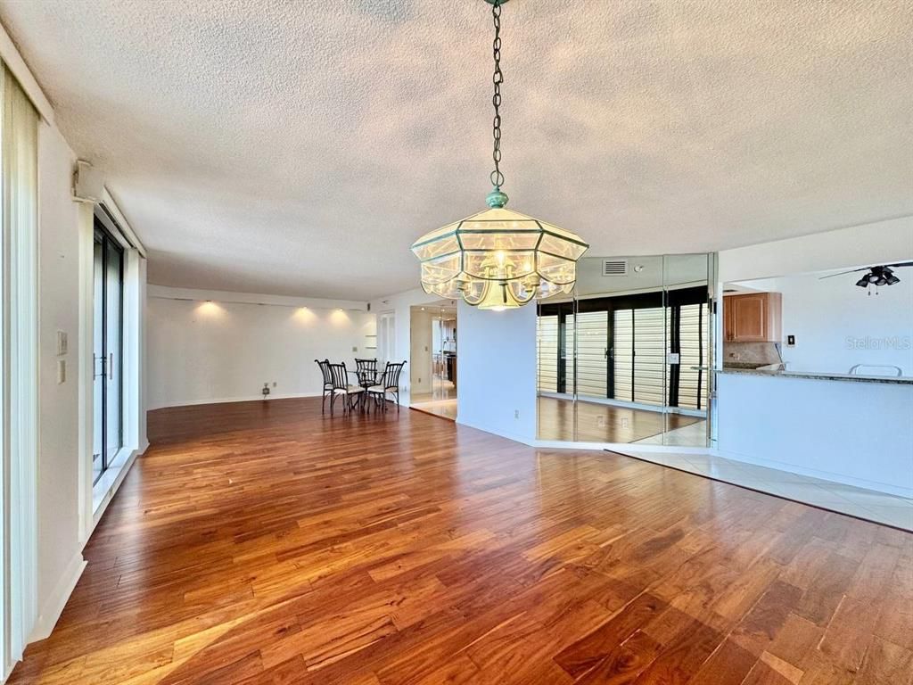 Chandelier, Dining room, Empty room, Interior, Kitchen, Pendant Lights, Wood Texture Flooring