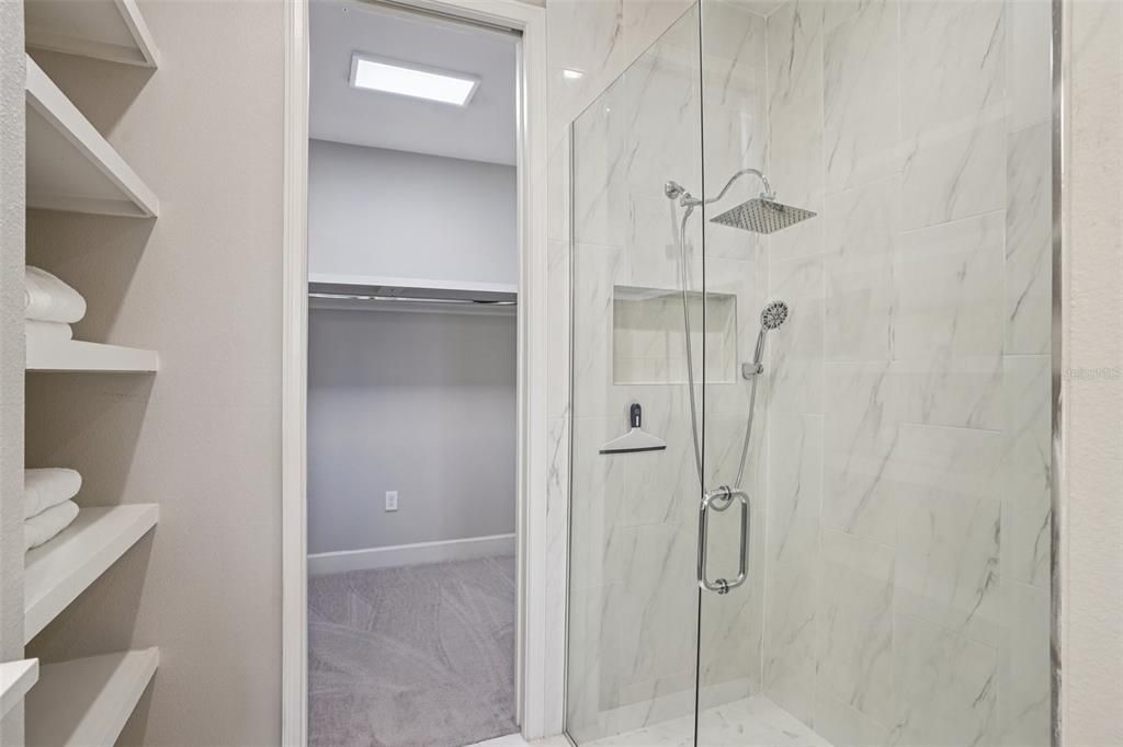 Bathroom, Glass Shower, Interior, Marble Walls, Recessed Lighting