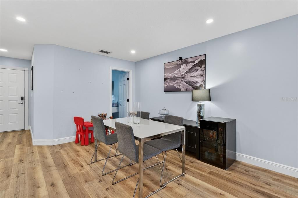 Dining room, Interior, Recessed Lighting, Wood Texture Flooring