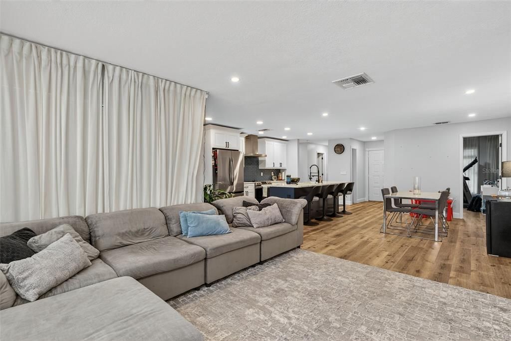 Dining room, Interior, Kitchen, Living room, Recessed Lighting, Wood Texture Flooring