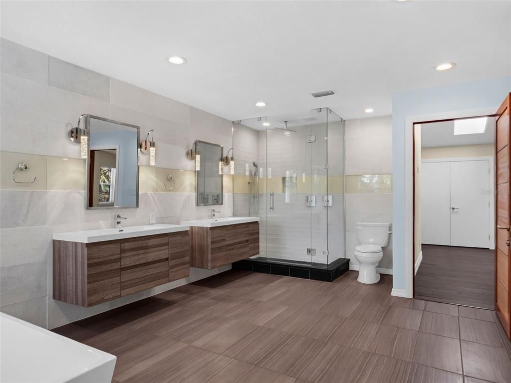 Bathroom, Dual Sink Vanities, Glass Shower, Interior, Recessed Lighting