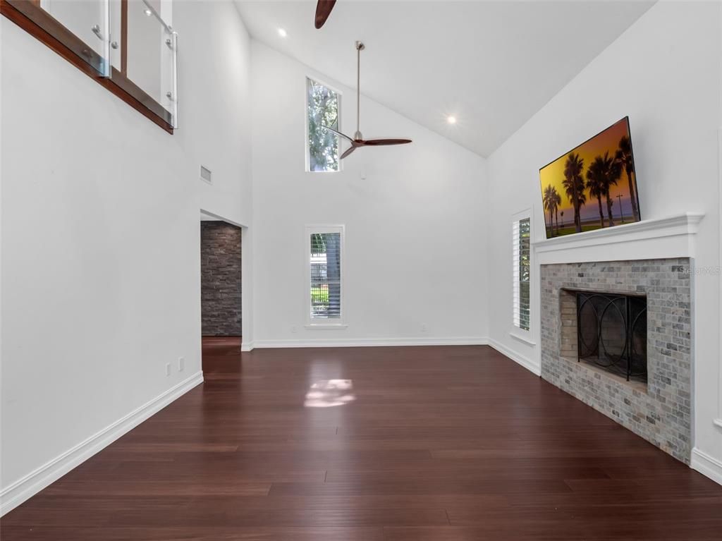 Empty room, Fireplace, Interior, Recessed Lighting, Wood Texture Flooring
