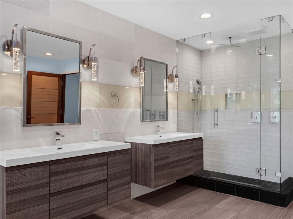 Bathroom, Dual Sink Vanities, Glass Shower, Interior, Recessed Lighting