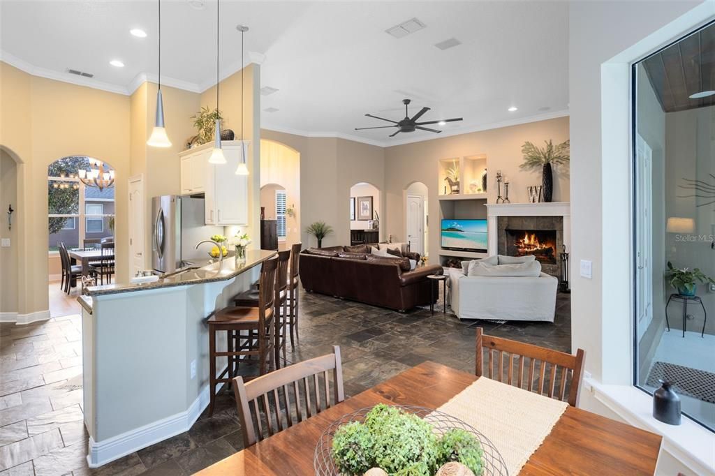 Dining room, Fireplace, Interior, Kitchen, Living room, Pendant Lights, Recessed Lighting