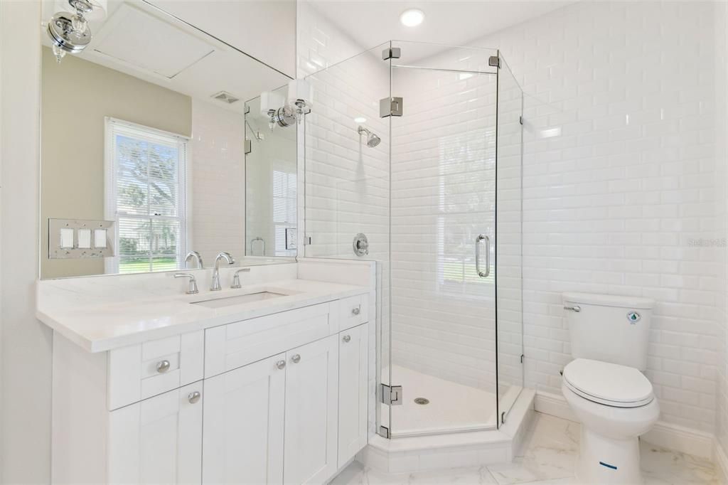 Bathroom, Glass Shower, Interior, Marble, Recessed Lighting