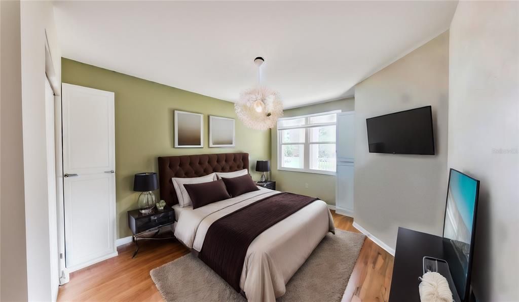 Bedroom, Chandelier, Interior, Wood Texture Flooring