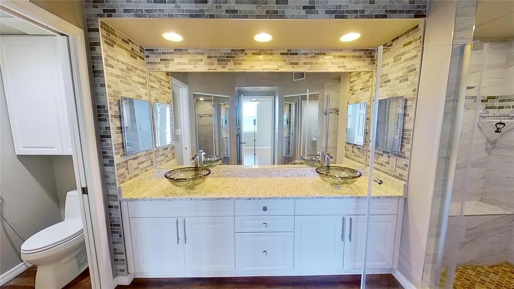 Bathroom, Dual Sink Vanities, Interior, Recessed Lighting, Wood Texture Flooring