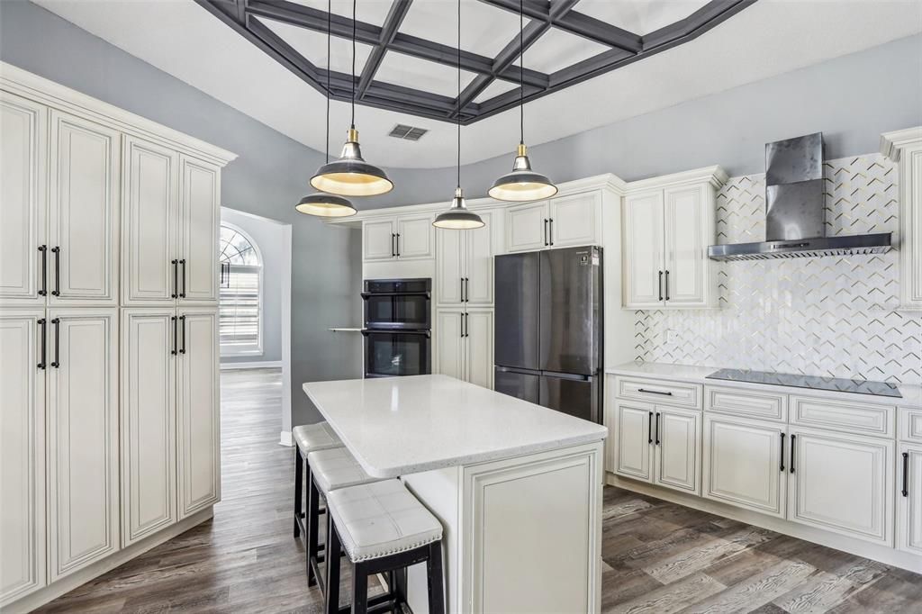 Interior, Kitchen, Pendant Lights, Stainless Steel Appliances, Wood Texture Flooring