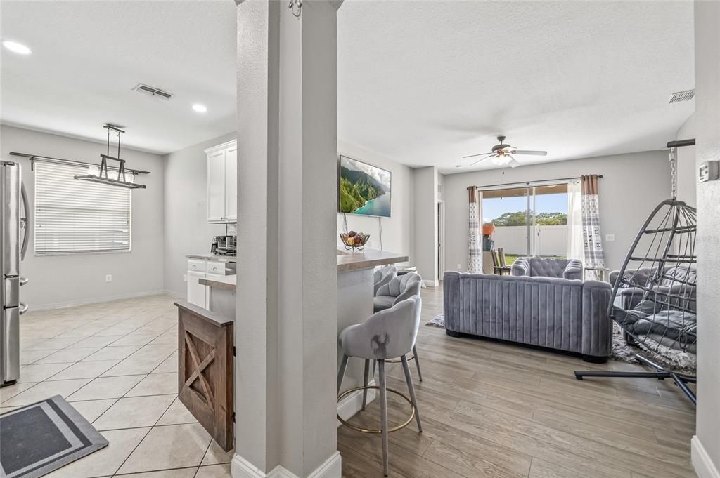 Interior, Kitchen, Living room, Pendant Lights, Recessed Lighting, Wood Texture Flooring