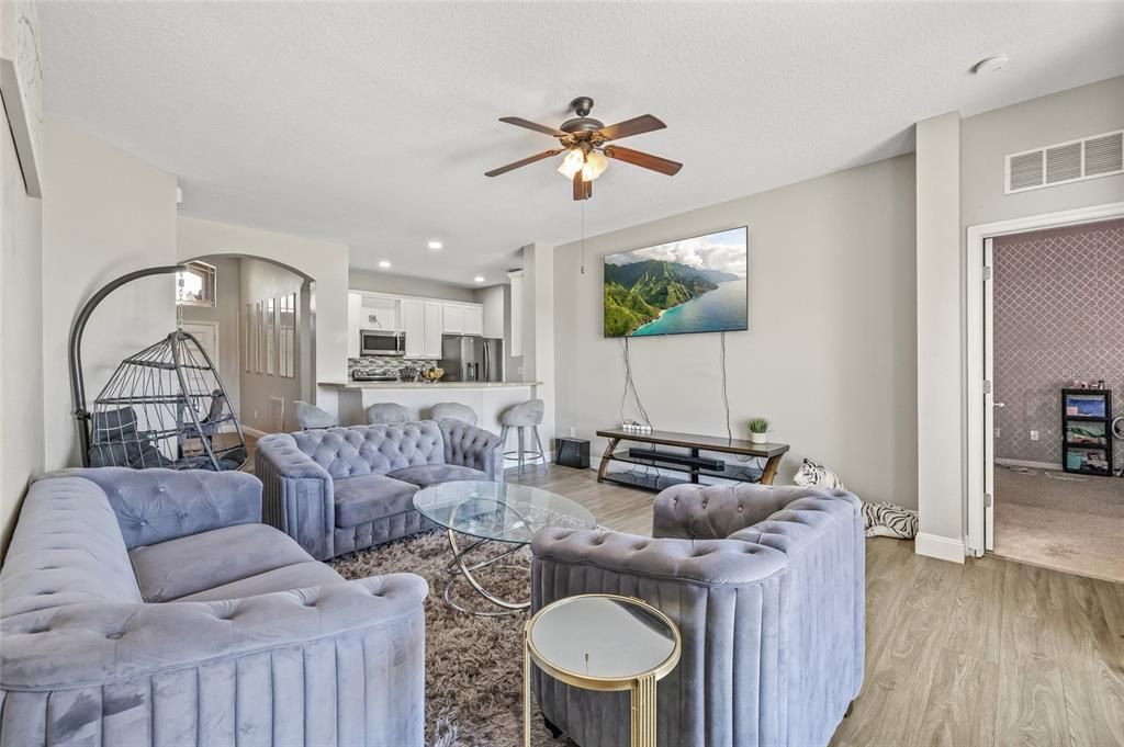 Interior, Kitchen, Living room, Recessed Lighting, Stainless Steel Appliances, Wood Texture Flooring