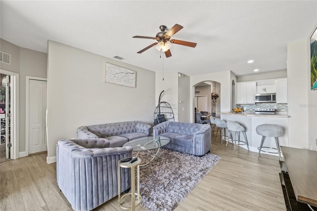 Interior, Kitchen, Living room, Recessed Lighting, Stainless Steel Appliances, Wood Texture Flooring