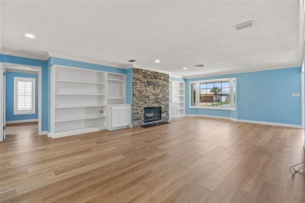 Empty room, Fireplace, Interior, Recessed Lighting, Wood Texture Flooring