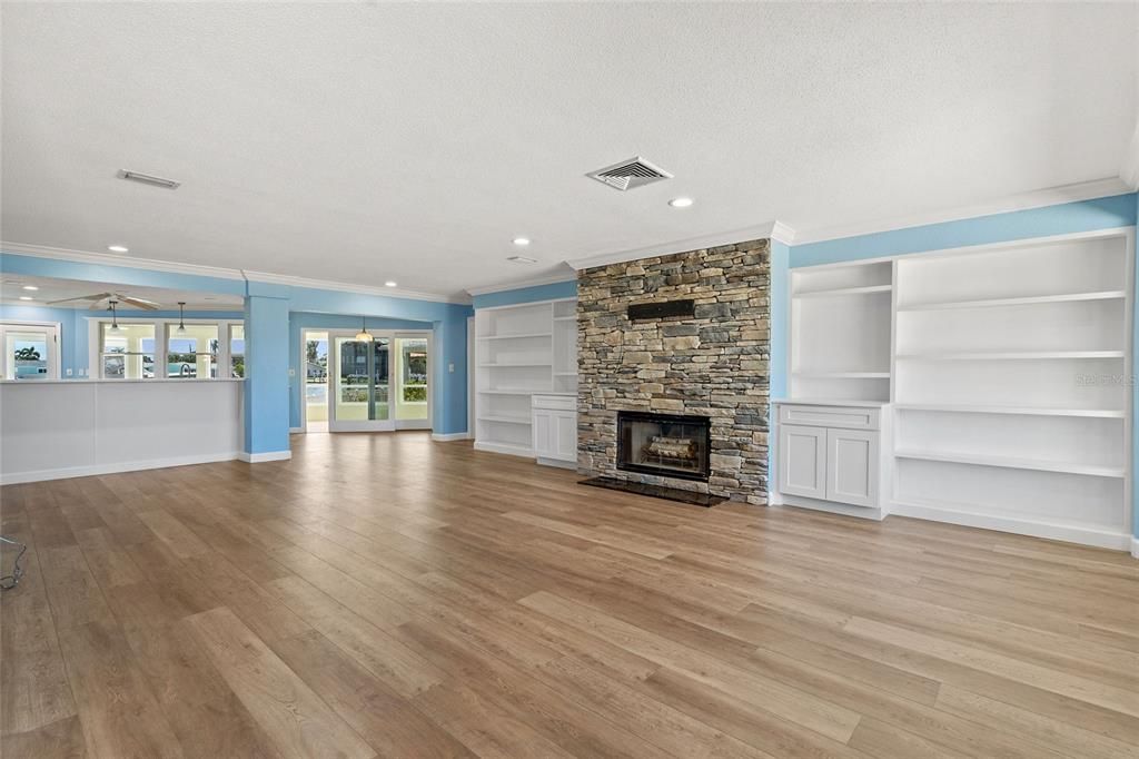Empty room, Fireplace, Interior, Recessed Lighting, Wood Texture Flooring