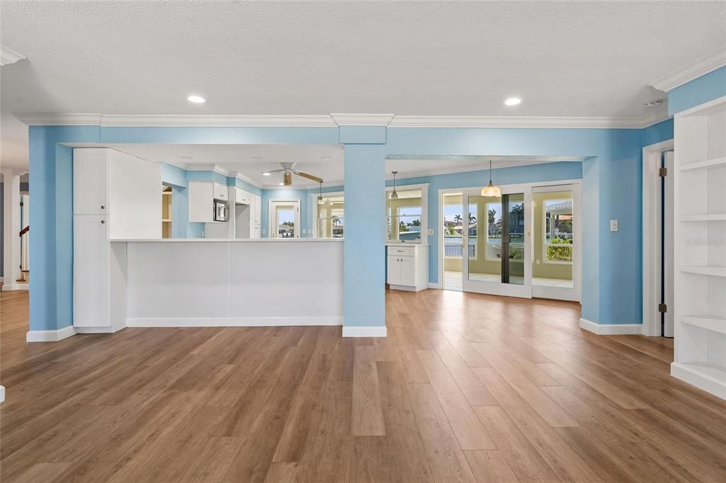 Empty room, Interior, Pendant Lights, Recessed Lighting, Wood Texture Flooring