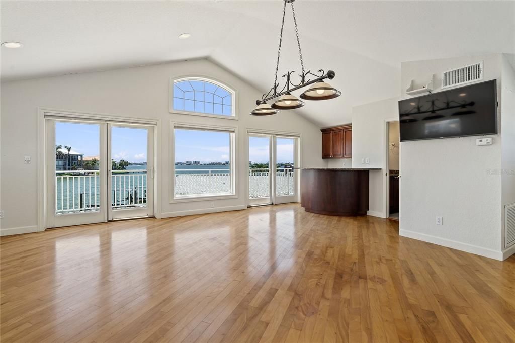 Empty room, Interior, Pendant Lights, Recessed Lighting, Water, Wood Texture Flooring