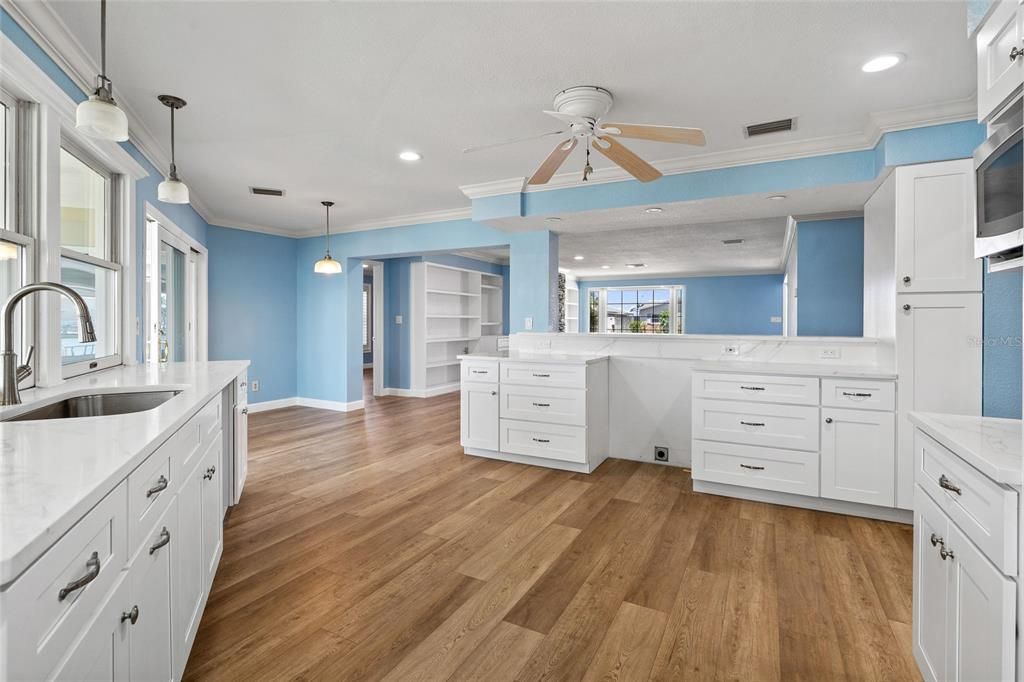 Interior, Kitchen, Pendant Lights, Recessed Lighting, Wood Texture Flooring