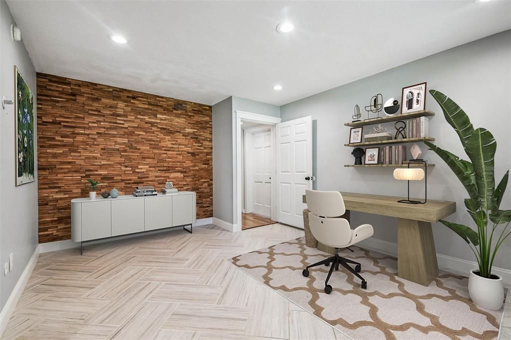 Home Office, Interior, Recessed Lighting, Stone Walls, Wood Texture Flooring, Wooden Walls