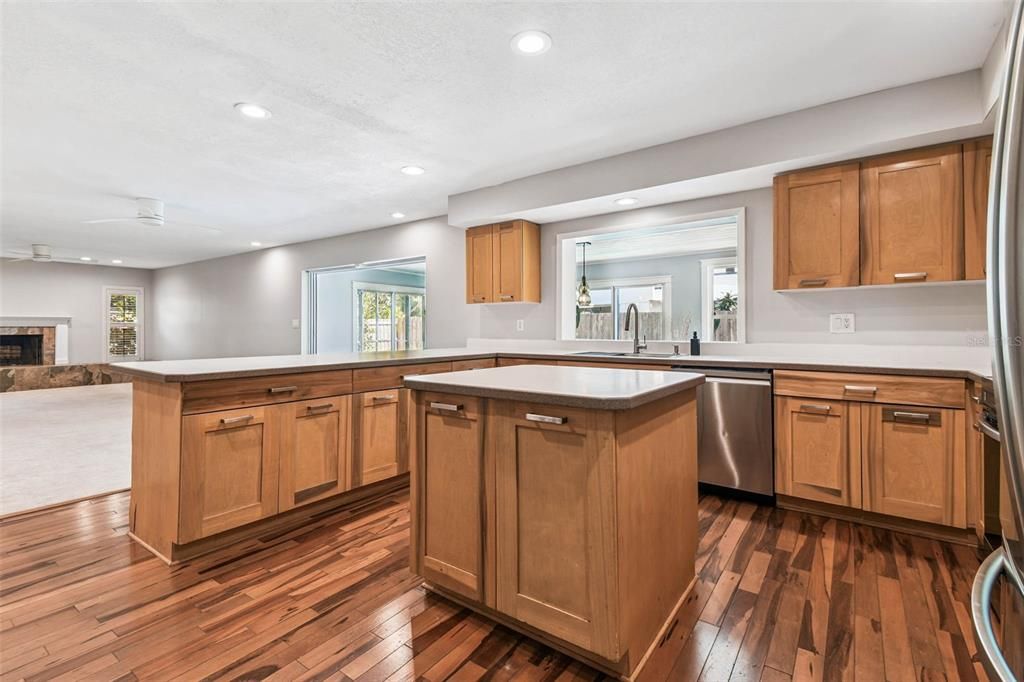 Fireplace, Interior, Kitchen, Recessed Lighting, Wood Texture Flooring