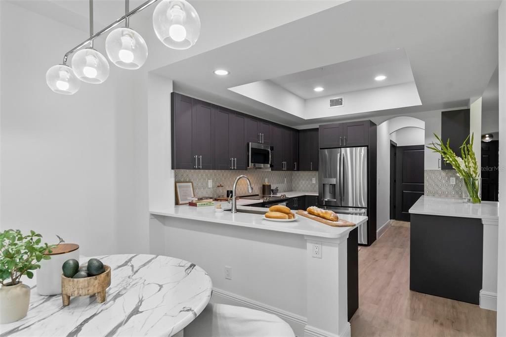 Interior, Kitchen, Recessed Lighting, Stainless Steel Appliances, Wood Texture Flooring