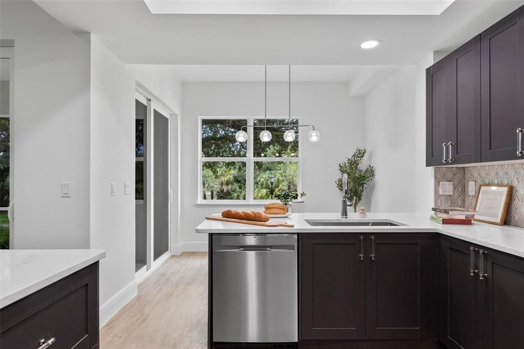 Interior, Kitchen, Pendant Lights, Recessed Lighting, Stainless Steel Appliances, Wood Texture Flooring