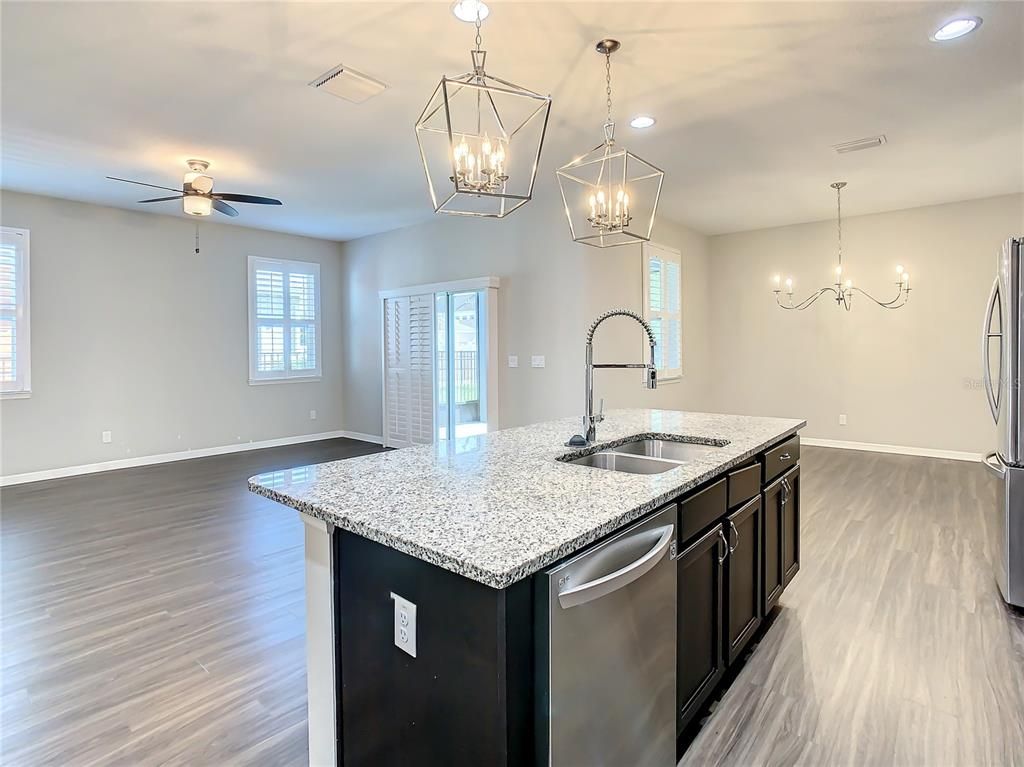 Chandelier, Interior, Kitchen, Pendant Lights, Recessed Lighting, Wood Texture Flooring