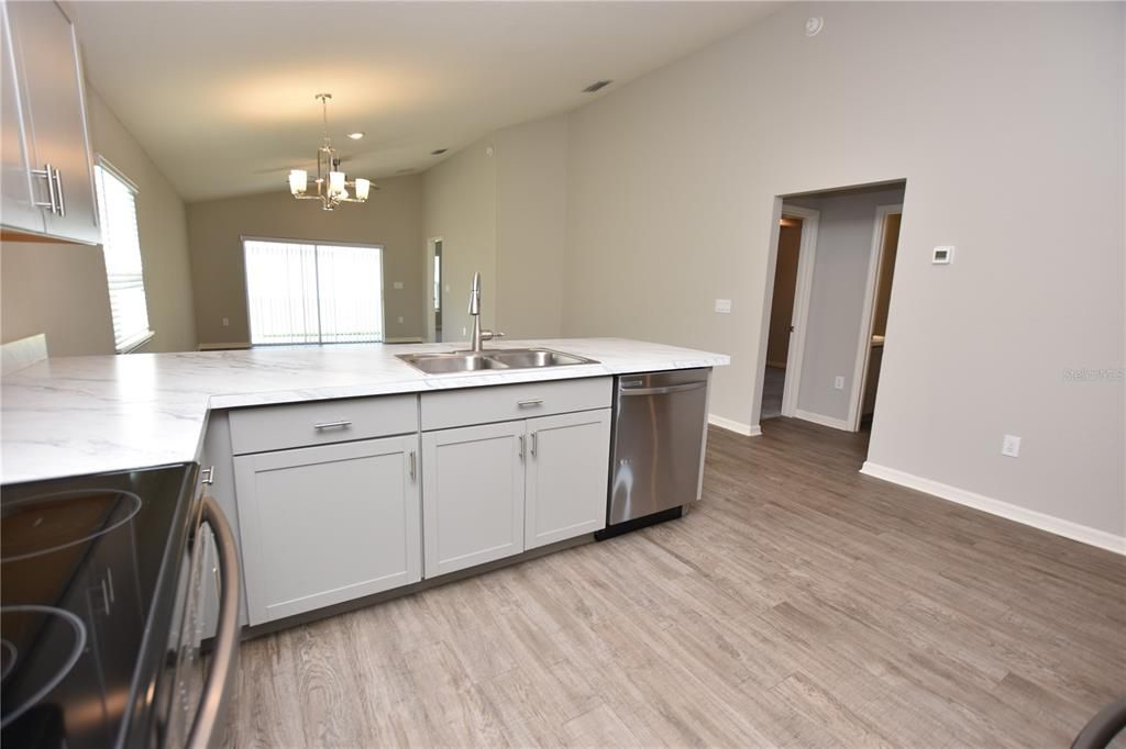 Chandelier, Interior, Kitchen, Recessed Lighting, Wood Texture Flooring