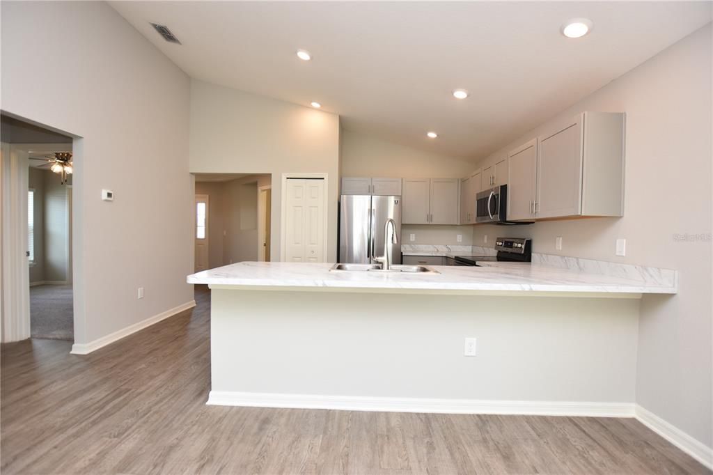 Interior, Kitchen, Recessed Lighting, Stainless Steel Appliances, Wood Texture Flooring