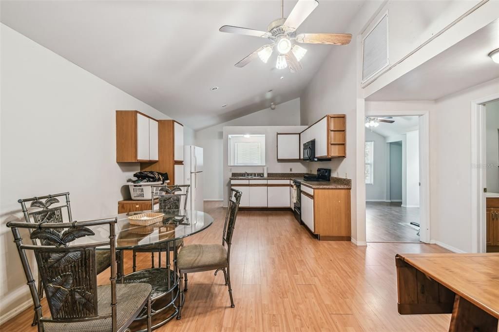 Dining room, Interior, Kitchen, Recessed Lighting, Wood Texture Flooring