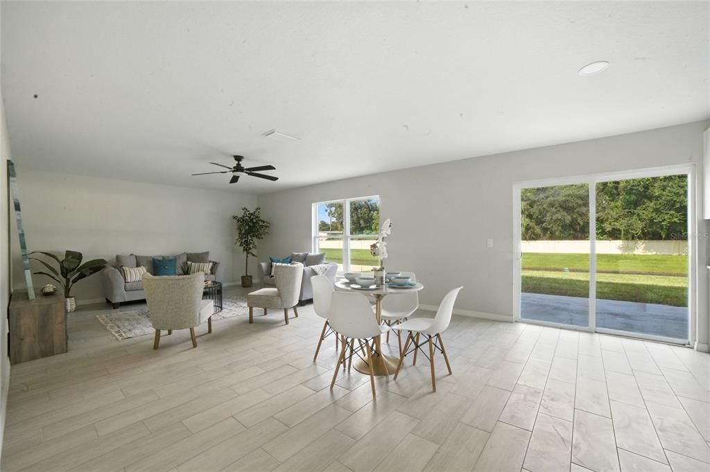 Dining room, Interior, Living room, Recessed Lighting, Wood Texture Flooring