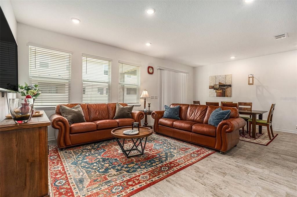 Dining room, Interior, Living room, Recessed Lighting, Wood Texture Flooring