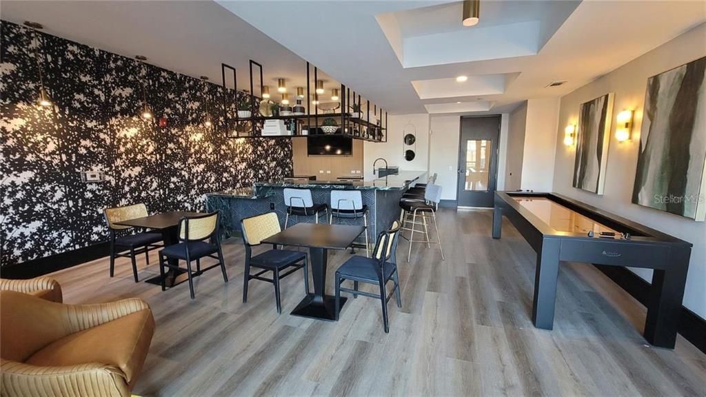 Billiard Table, Dining room, Game Room, Interior, Pendant Lights, Recessed Lighting, Wood Texture Flooring