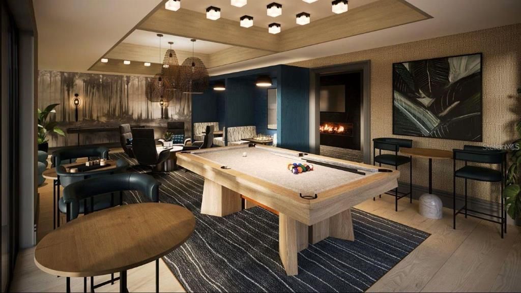 Billiard Table, Fireplace, Game Room, Interior, Pendant Lights, Wood Texture Flooring