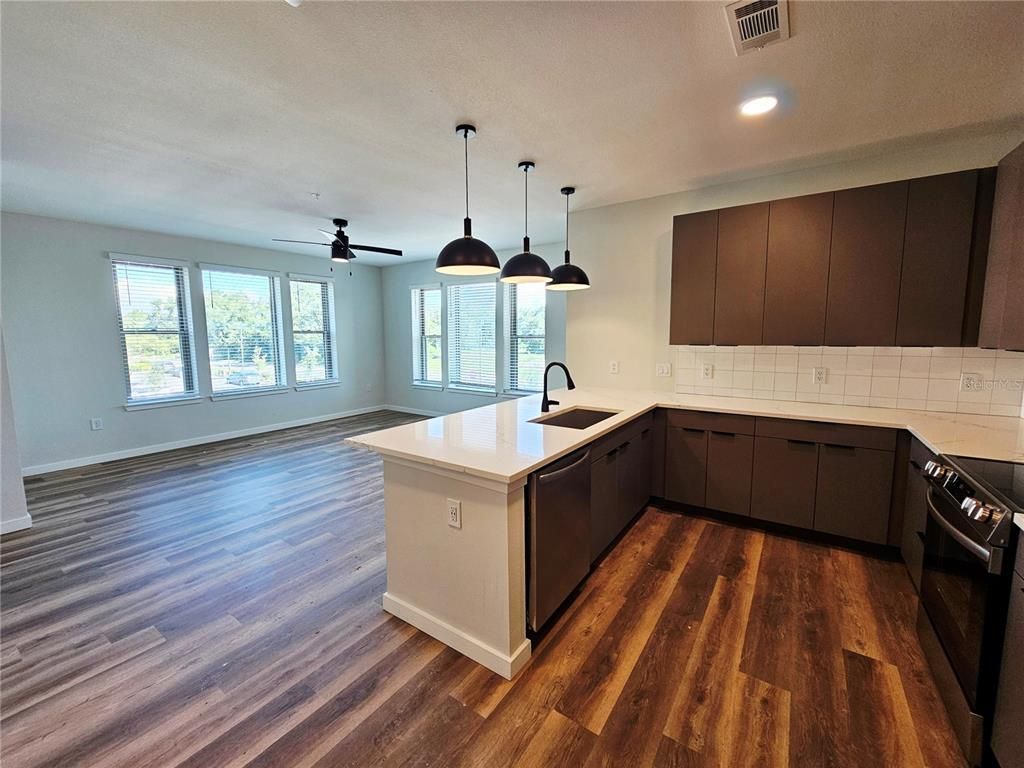 Interior, Kitchen, Pendant Lights, Recessed Lighting, Wood Texture Flooring