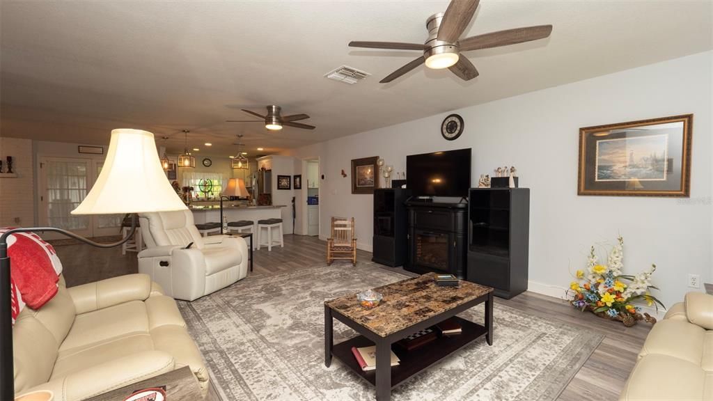 Fireplace, Interior, Kitchen, Living room, Pendant Lights, Wood Texture Flooring