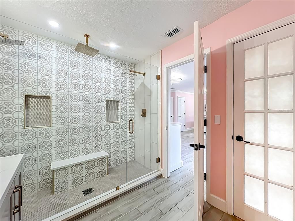 Bathroom, Glass Shower, Interior, Recessed Lighting, Wood Texture Flooring