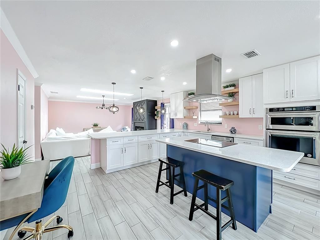 Interior, Kitchen, Pendant Lights, Recessed Lighting, Stainless Steel Appliances, Washer, Wood Texture Flooring