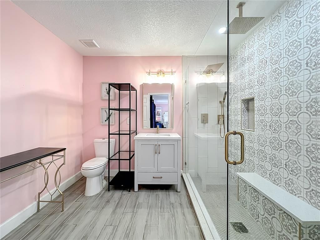 Bathroom, Glass Shower, Interior, Recessed Lighting, Wood Texture Flooring