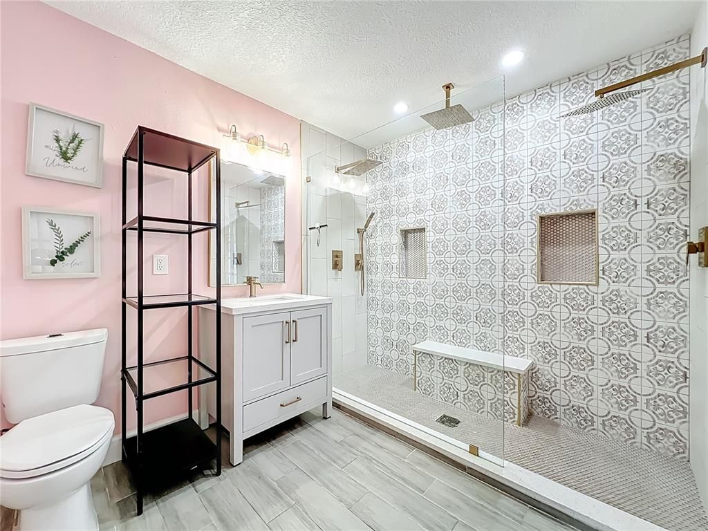 Bathroom, Glass Shower, Interior, Recessed Lighting, Wood Texture Flooring