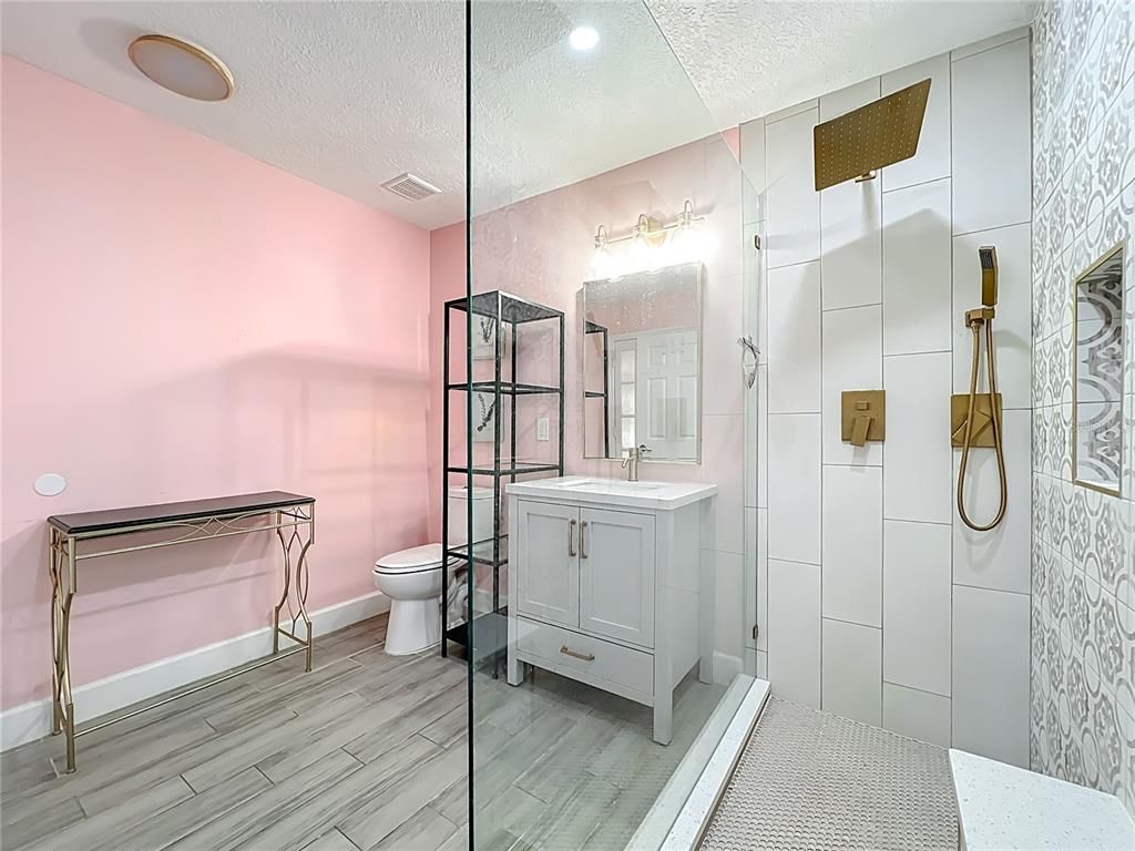 Bathroom, Glass Shower, Interior, Recessed Lighting, Wood Texture Flooring