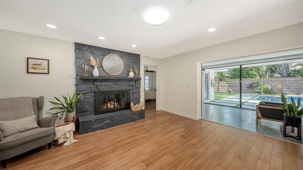 Fireplace, Interior, Recessed Lighting, Wood Texture Flooring