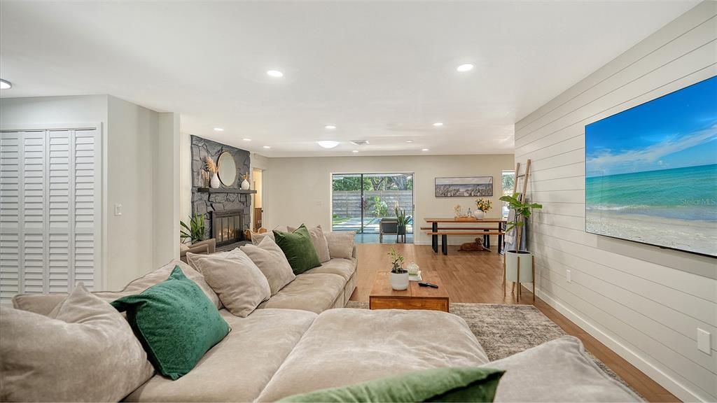 Fireplace, Interior, Living room, Recessed Lighting, Wood Texture Flooring