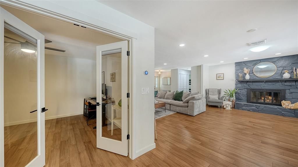 Fireplace, Interior, Living room, Recessed Lighting, Wood Texture Flooring