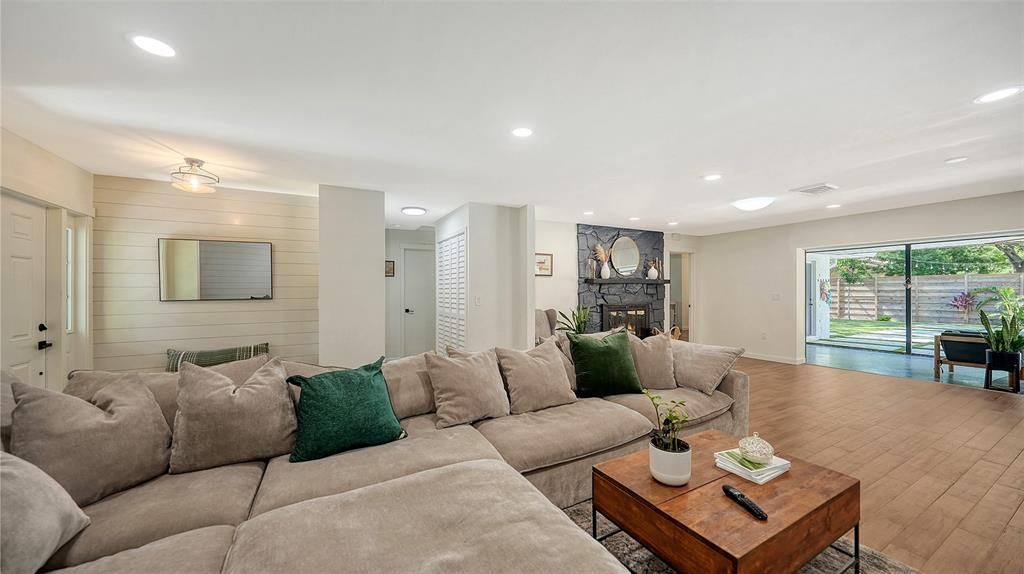 Fireplace, Interior, Living room, Recessed Lighting, Wood Texture Flooring