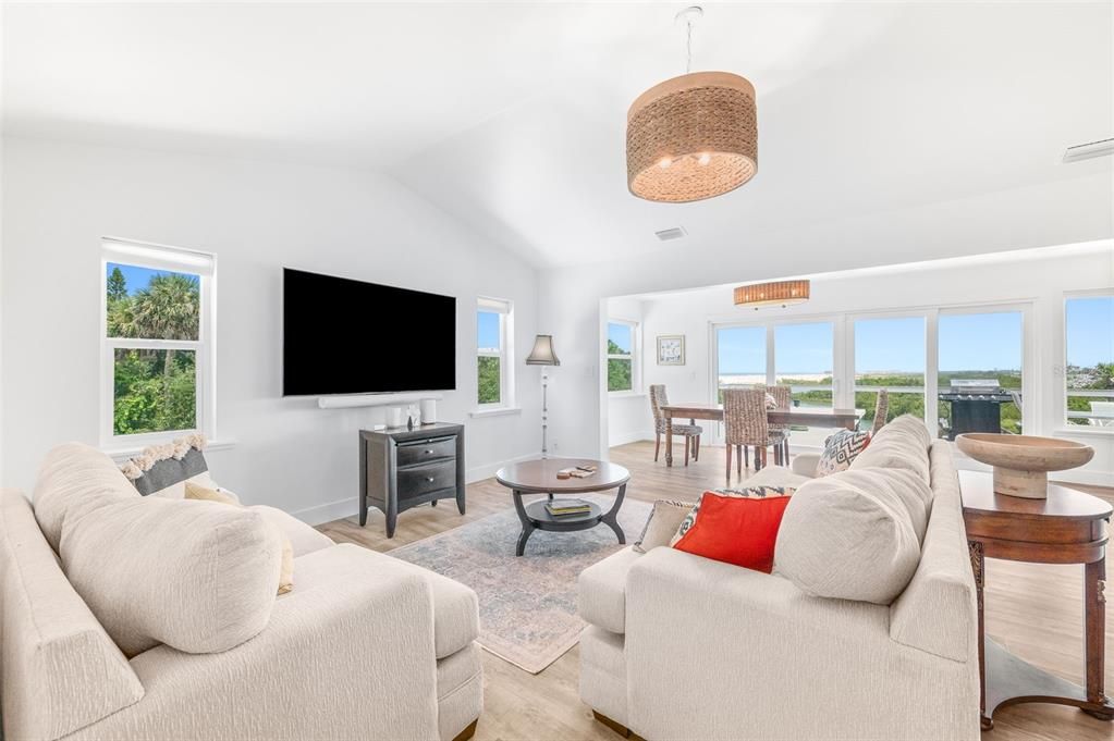 Dining room, Interior, Living room, Pendant Lights, Water, Wood Texture Flooring