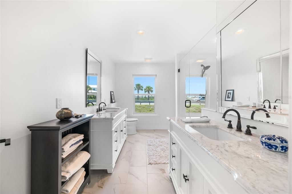 Bathroom, Dual Sink Vanities, Interior, Marble, Recessed Lighting, Water