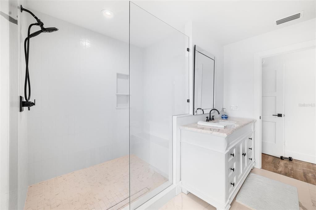 Bathroom, Glass Shower, Interior, Recessed Lighting, Wood Texture Flooring