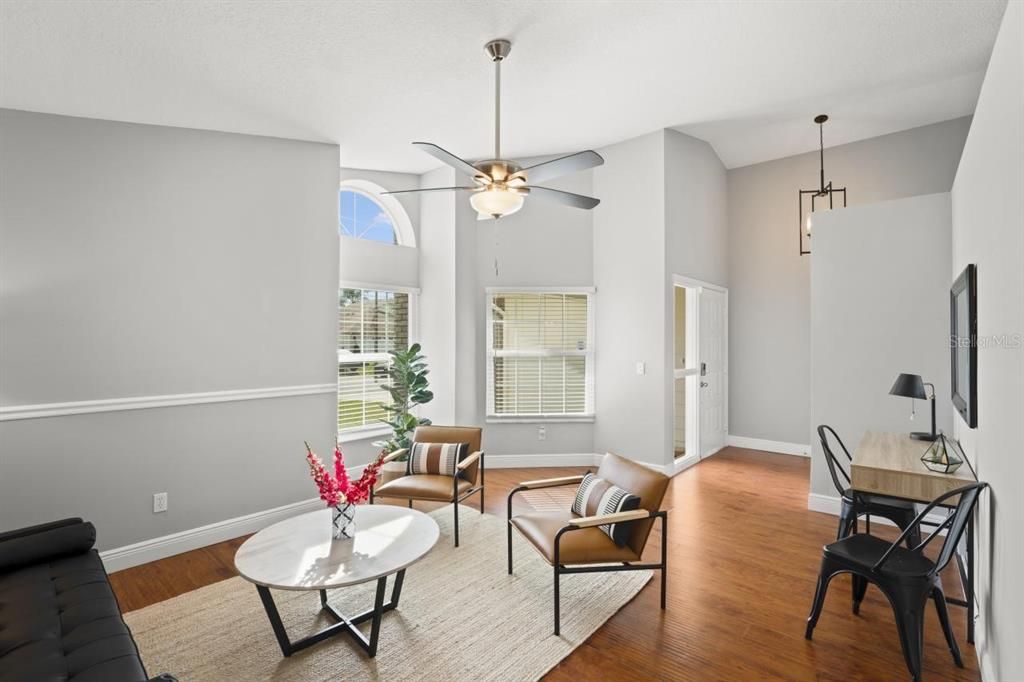 Dining room, Interior, Living room, Pendant Lights, Wood Texture Flooring